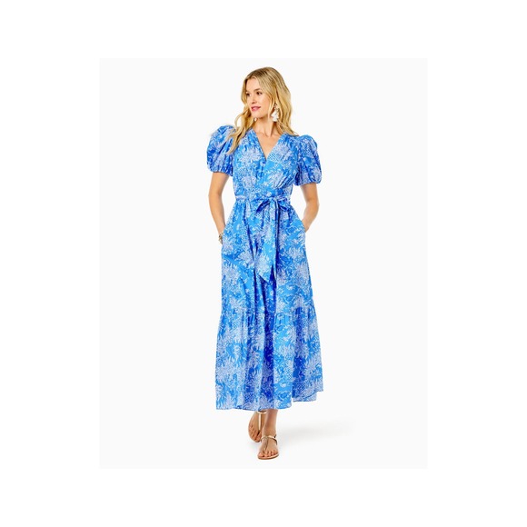 Lilly Pulitzer Ezralyn Cotton Short Sleeve Maxi Dress Sz 8 Puff Sleeve